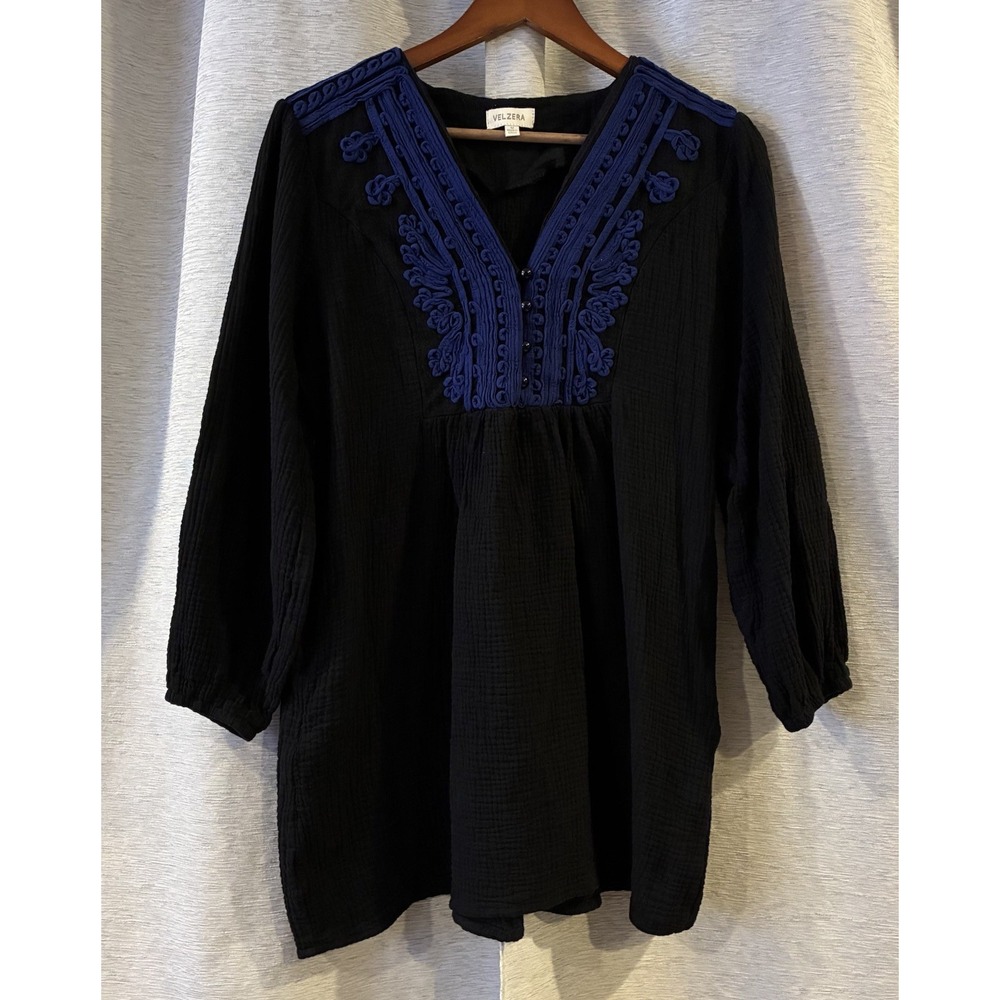 Velzera Women's Embroidered Tunic Blouse Boho, 3/4 Sleeve,‎ Size Medium